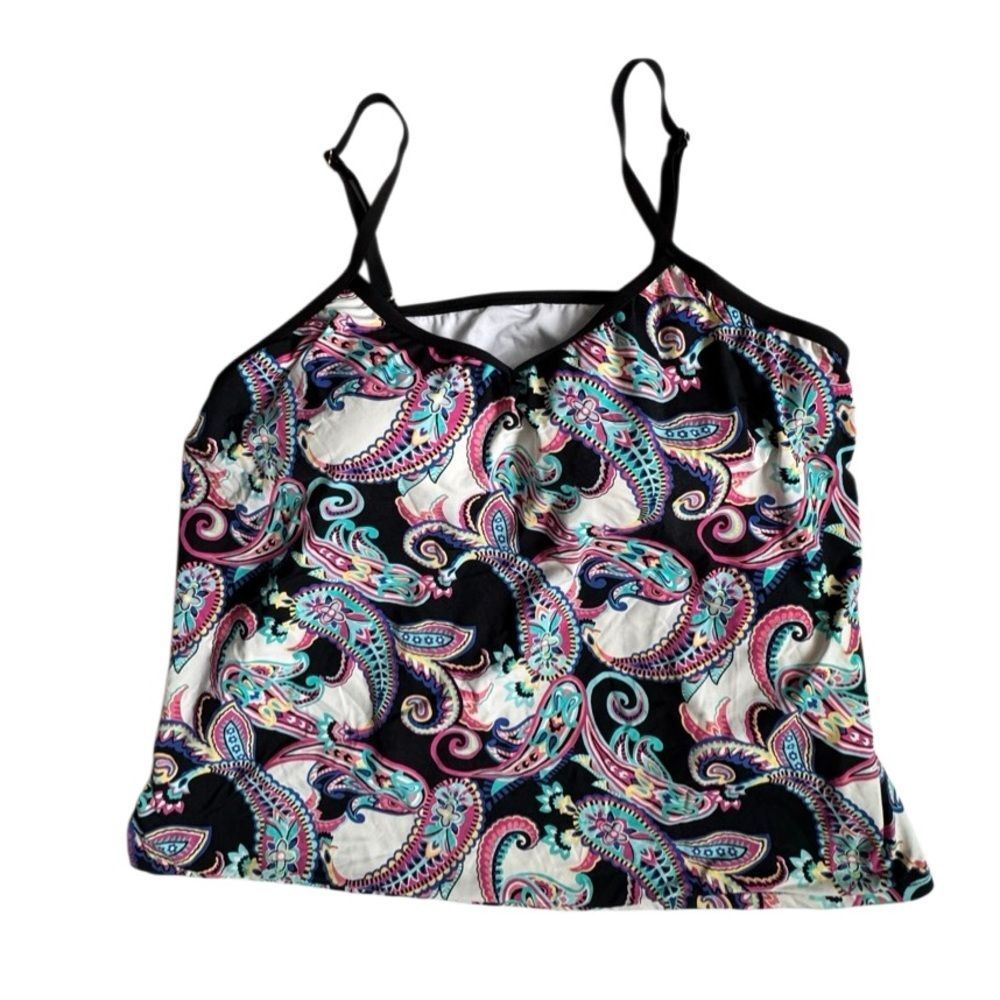 24th & Ocean Black Paisley One-Piece Swimsuit with Teal Pink & White Accents 22W